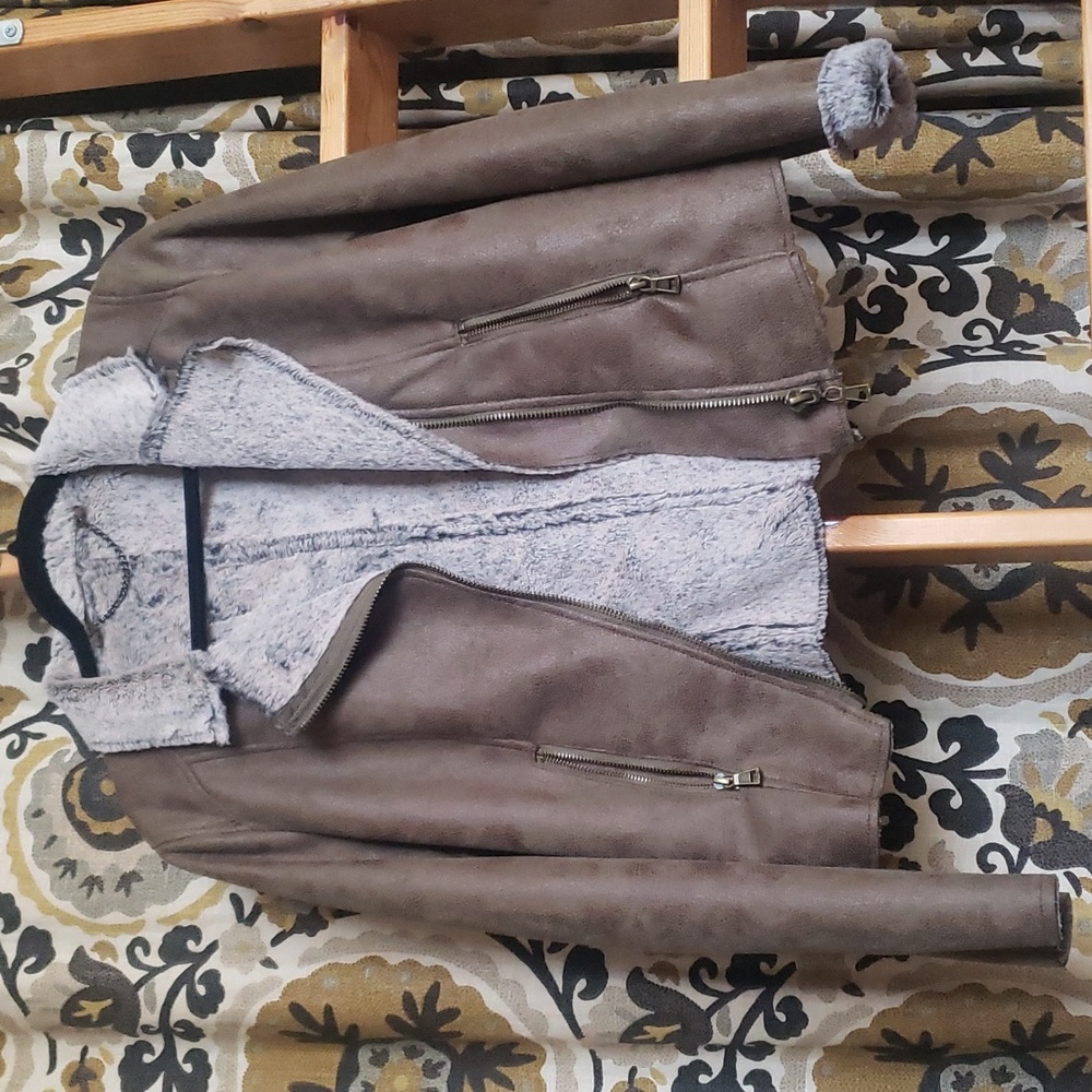 Distressed Army Green Faux Suede and Fur Bomber Jacket - Size S